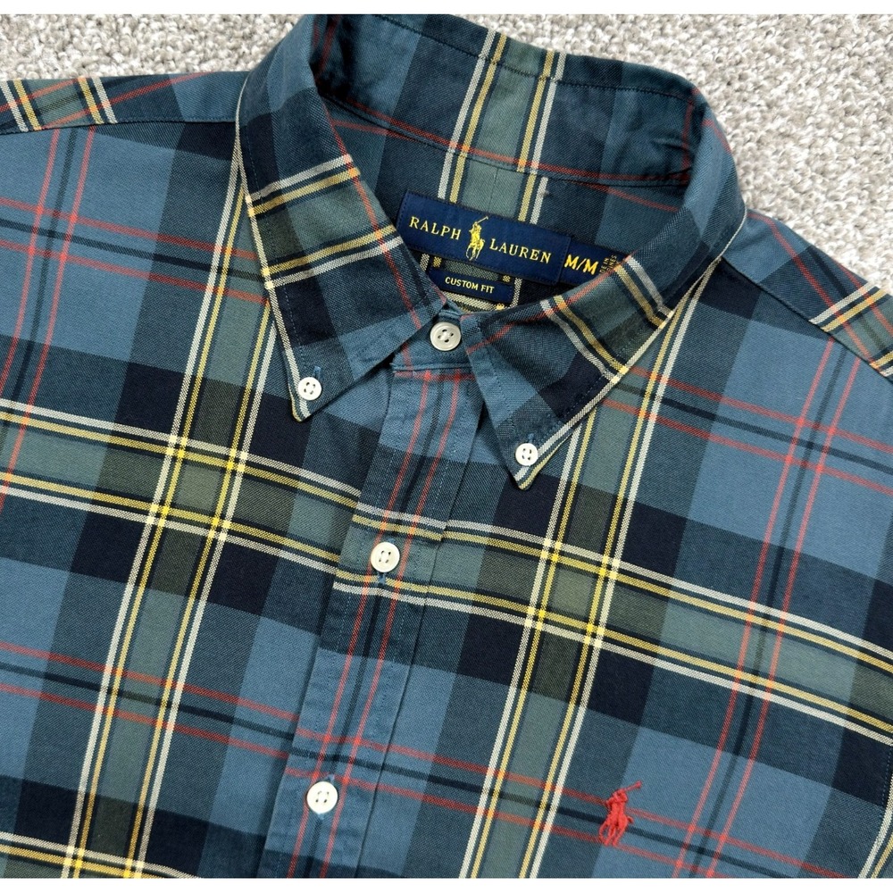 Ralph Lauren Shirt Mens M Blue Green Plaid Custom Fit Button Down Pony Cotton